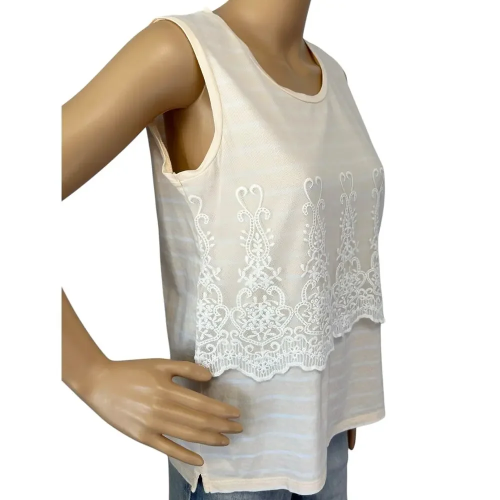 J. Crew Embroidered Overlay Striped Tank Top Peach Cream J2969 Size S